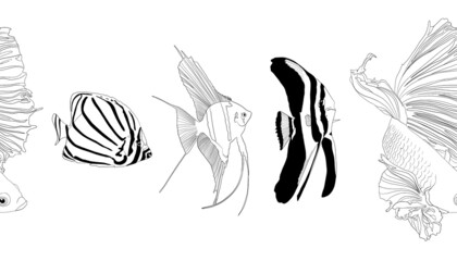 Border tropical lineart fish. Exotic fish. Monochrome.Doodle.Black.