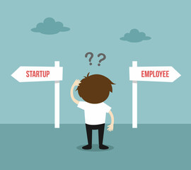 Businessman confused about two direction, between startup and employee. Vector illustration.