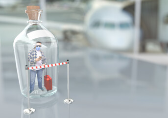 A man with a suitcase sits in isolation during quarantine at the airport. Travel during a pandemic. 3D illustration.