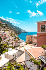 Fototapeta na wymiar Positano is a village on the Amalfi Coast (Province of Salerno), in Campania, Italy, mainly in an enclave in the hills leading down to the coast.