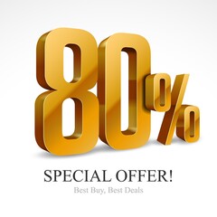 80Off Special Offer Gold 3D Digits Banner, Design Template Icon Eighty Percent. Sale, Discount. Glossy Vector Numbers. Illustration Isolated On White Background.