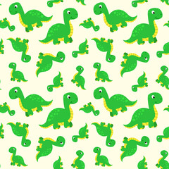 Seamless pattern with funny cartoon dinosaurs. Cute print for children clothes, textile, nursery room decor. Baby background for fabric, postcard, wrapping paper, gift products, wallpaper. 