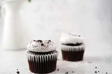 Cookies and Cream cupcakes withwhipped frosting, selective focus