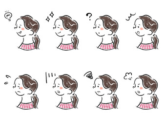 様々な表情の女性の横顔アイコン　手描きイラスト素材セット