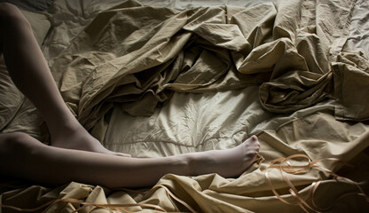 women's feet in white stockings white socks on the bed style background screensaver picture decor...