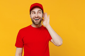 Professional delivery guy employee man in red cap T-shirt uniform workwear work as dealer courier...