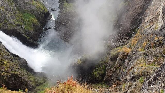 Close up of the depths of Voringfoss Waterfall in Norway