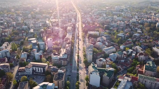 Aerial footage of Skopje, North Macedonia, with empty streets during full quarantine at the beginning of the worldwide covid 19 pandemic. View of boulevard Partizanski Odredi