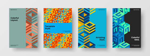 Abstract leaflet A4 design vector template set. Creative geometric shapes magazine cover illustration bundle.