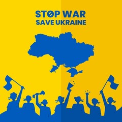 Save Ukraine, Stop War. Background vector illustration of Young people raising hands as demonstration act for defending ukraine against Russia attacks