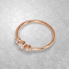 3 stone engagement ring laying down position in rose gold 3D render