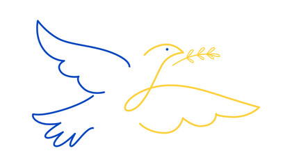 A linear dove with a branch in the colors of the Ukrainian flag. Vector illustration