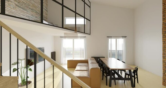 Modern living room with kitchen area. luxury two-level flat design. 3d animation