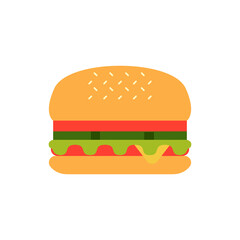 Burger with salad, tomatoes, cheese and cutlet. Fast food. Vector illustration. Fast food hamburger dinner and restaurant, tasty unhealthy fast food classic nutrition in flat style.
