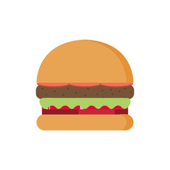 Burger with salad, tomatoes, cheese and cutlet. Fast food. Vector illustration. Fast food hamburger dinner and restaurant, tasty unhealthy fast food classic nutrition in flat style.