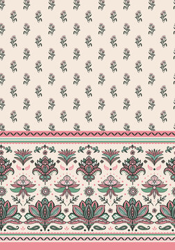 Heritage floral seamless repeat pattern with damask border print. Vector flowers, ethnical boho shapes, stripes and dots background motif.