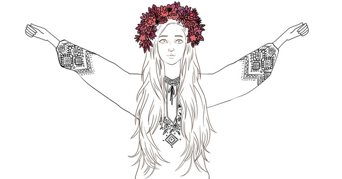 Ukrainian girl with flag in hands inscription illustration concept NO WAR. Conflict with Russia. Ukrainian flag, folk costume. wreath and embroidered shirt against background blue and yellow flag.