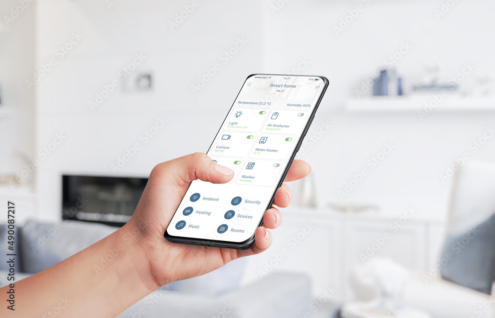 Aufkleber home automation app controls home devices with smart phone concept. living room in background