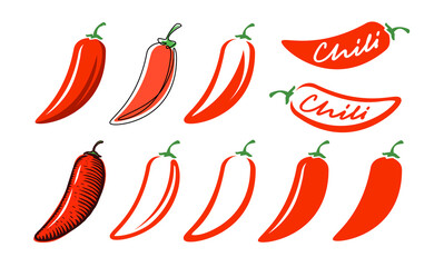 Red chili pepper symbol set. Hot flavor symbol. Vector illustration