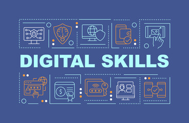 Digital skills word concepts dark blue banner. Computer literacy. Infographics with icons on color background. Isolated typography. Vector illustration with text. Arial-Black font used