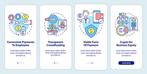 Cryptocurrency benefits in usage onboarding mobile app screen. Business walkthrough 4 steps graphic instructions pages with linear concepts. UI, UX, GUI template. Myriad Pro-Bold, Regular fonts used