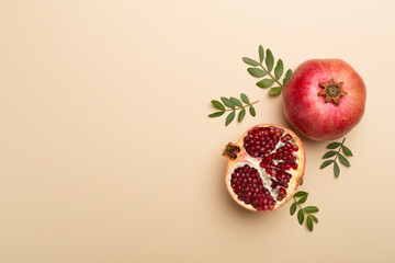 Fresh juicy pomegranate on color background, top view