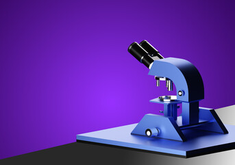 Microscope 3D. Detailed blue microscope. Place for inscription on topic of research. Laboratory equipment concept. Metaphor of laboratory research. Copy space on purple background. 3d rendering.
