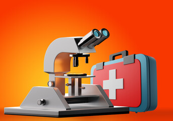 Pharmacological research concept. Microscope as metaphor for research. Case with white cross. Detailed microscope on orange background. Tablet testing. Checking vitamin and antibiotics. 3d image.