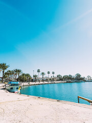 Beautiful sea promenade with boats and palm trees. 