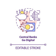 Central banks go digital concept icon. Cryptocurrency weakness in foreseeable future abstract idea thin line illustration. Isolated outline drawing. Editable stroke. Arial, Myriad Pro-Bold fonts used