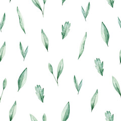 Watercolor seamless pattern with green leaves. Isolated on white background. Hand drawn clipart. Perfect for card, fabric, tags, invitation, printing, wrapping.