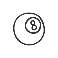 Hand drawn Billiard Ball No.8. In doodle style, black outline isolated on white background. Cute element for card, social media banner, sticker, print, decoration kids playroom. Vector illustration