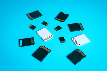 SD and MicroSD memory cards on a blue background.
