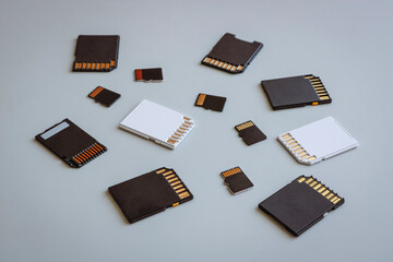 SD and MicroSD memory cards on a neutral gray background.