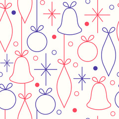 Christmas and New Year seamless vector pattern. Minimalistic illustration with snowflakes and Christmas tree decorations. Line art, Scandinavian Hugge aesthetic