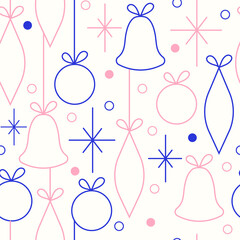 Christmas and New Year seamless vector pattern. Minimalistic illustration with snowflakes and Christmas tree decorations. Line art, Scandinavian Hugge aesthetic
