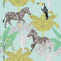 Tropical toucan bird, zebra, palm trees seamless pattern blue background. Exotic botanical floral wallpaper. © good_mood