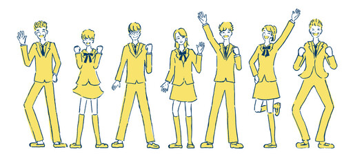 制服を着た学生達7人が喜んでいるイラスト　2色　黄色