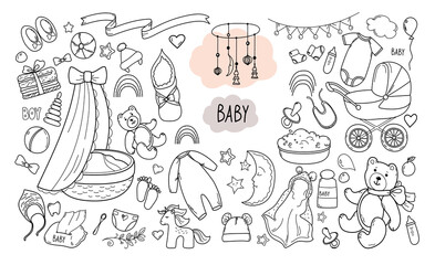 Set of hand drawn baby girl and girl. Cartoon sketch style doodle for icon, banner. Elements little baby clothes.