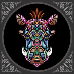 Colorful warthog head zentangle arts, isolated on black background