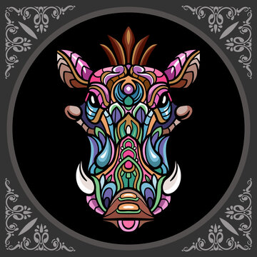 recommend clip art: Colorful warthog head zentangle arts, isolated on black background