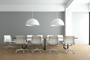 Minimalist meeting room with white hanging lamp, gray wall and wood floor. 3d rendering