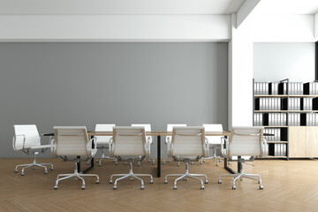 Minimalist meeting room with gray wall and wood floor. 3d rendering