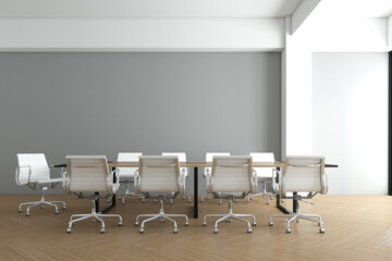 Minimalist meeting room with gray wall and wood floor. 3d rendering