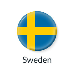 Sweden flag 3d icon, circle badge or button. Round Swedish national symbol. Vector illustration.