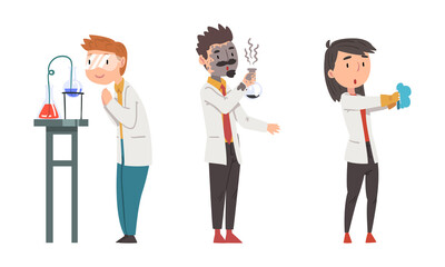 Scientists in white lab coats doing scientific research in laboratory set. Failed chemical experiment cartoon vector illustration