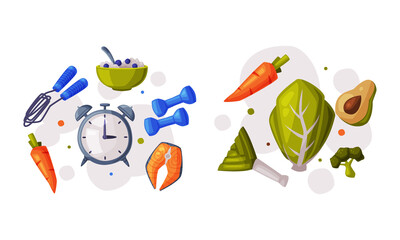 Healthy diet and sports objects set. Fresh organic vegetables, alarm clock and sports equipment vector illustration