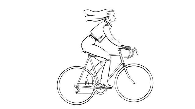 Young woman fashionably dressed in leather jacket, jeans and high heeled boots riding a vintage racing bicycle, hair flowing in the wind. cycling motion repeating seamlessly