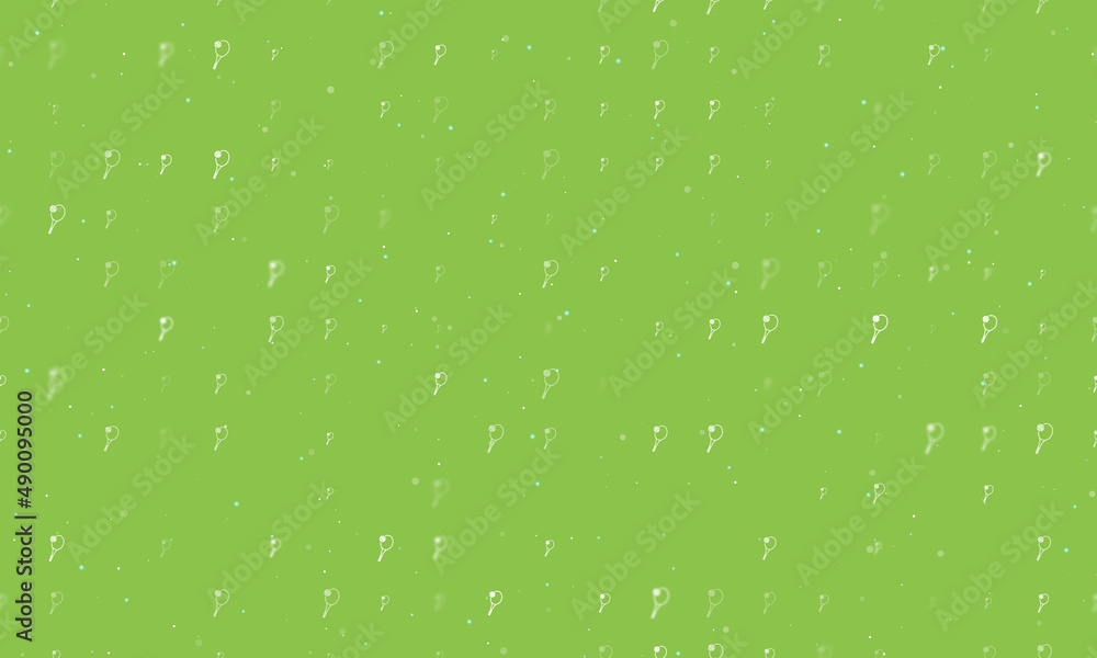 Poster Seamless background pattern of evenly spaced white tennis symbols of different sizes and opacity. Vector illustration on light green background with stars