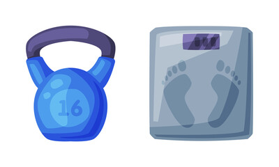 Kettlebell fitness and floor scales. Sports equipment vector illustration